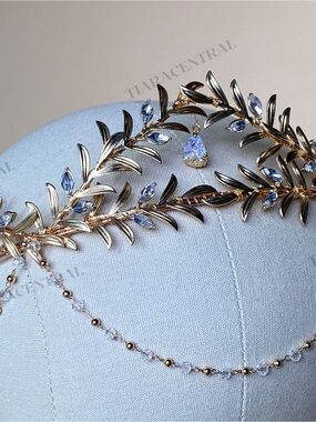 Gold Leaf and Blue Crystal Bridal Headpiece by